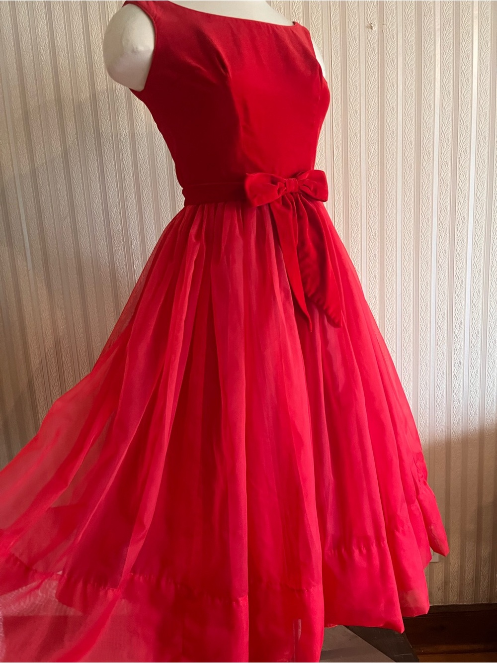 1950s Emma Domb Cherry Red Vintage Fit and Flare Dress Velvet and Chiffon